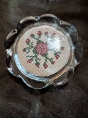 Glass Floral Cross-Stitch Paperweight in Pink and Green